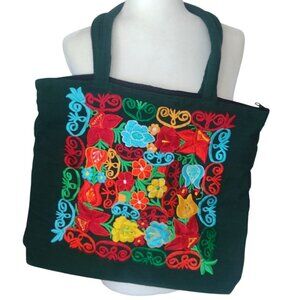 Floral Embroidered Dark Green Canvas Tote Bag With Zipper Closure 15" X 14"